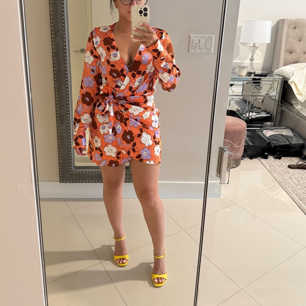 Zara Orange and White Floral Long Sleeve Dress